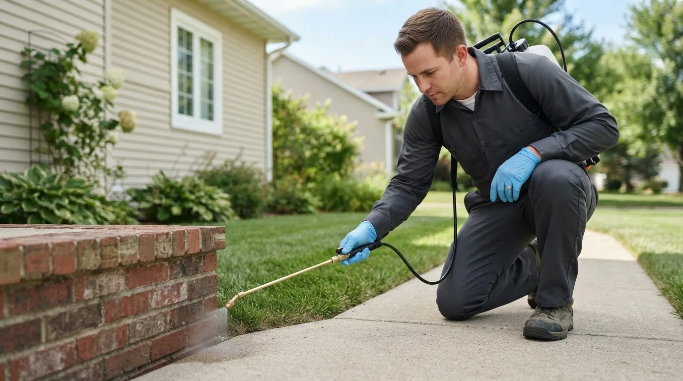 Pest control technician treating a home near Leander, TX