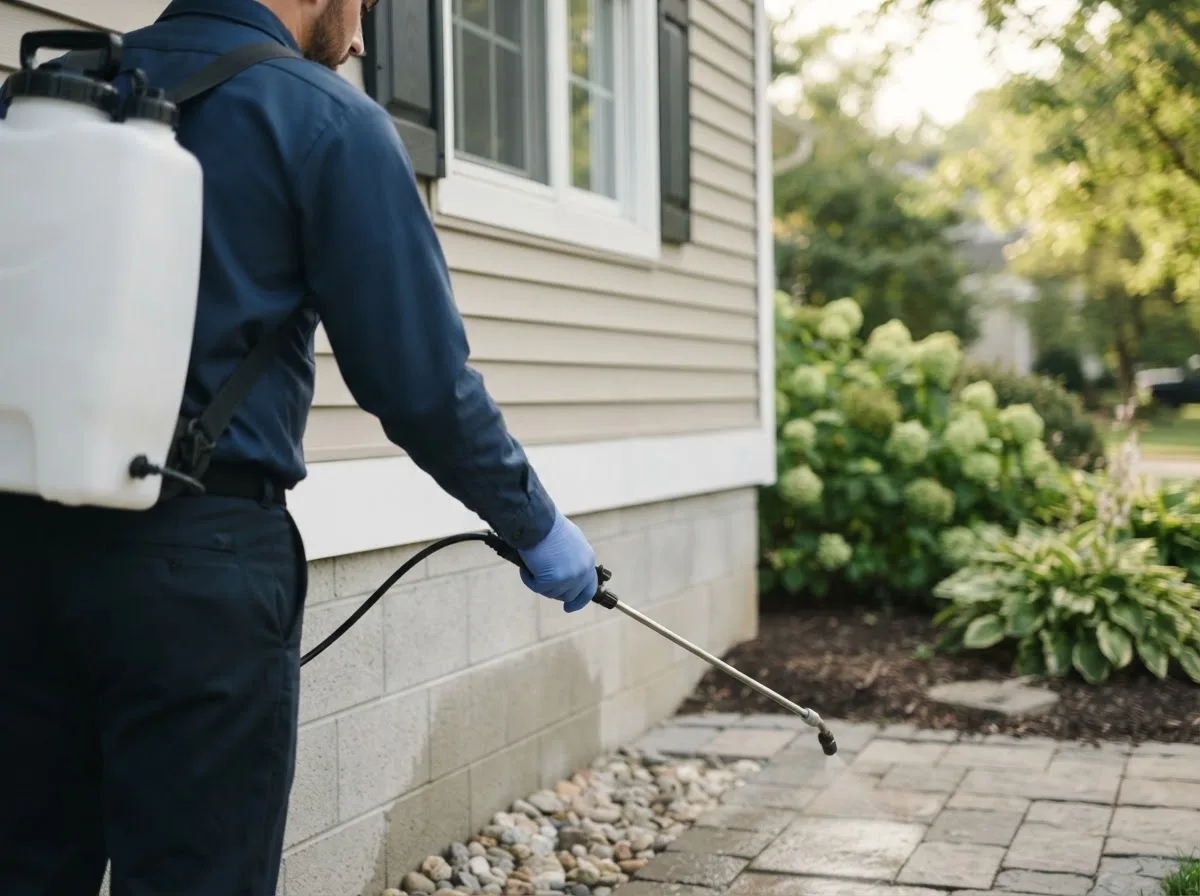 Pest control technician inspecting a home in Leander, TX